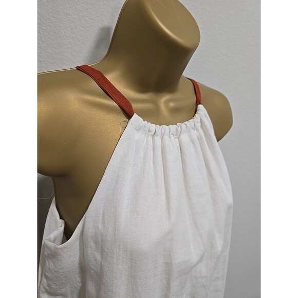 Handmade White Linen Shift Womens Lge Halter Brown Strap Peasant Resortwear - Picture 2 of 7